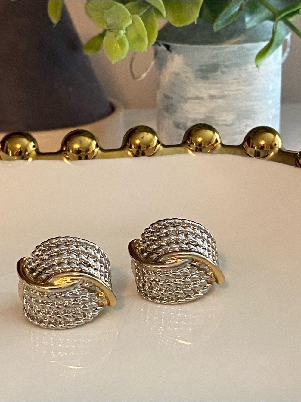 Finesse Two-Tone Silver Braided Earrings with Gold Accent